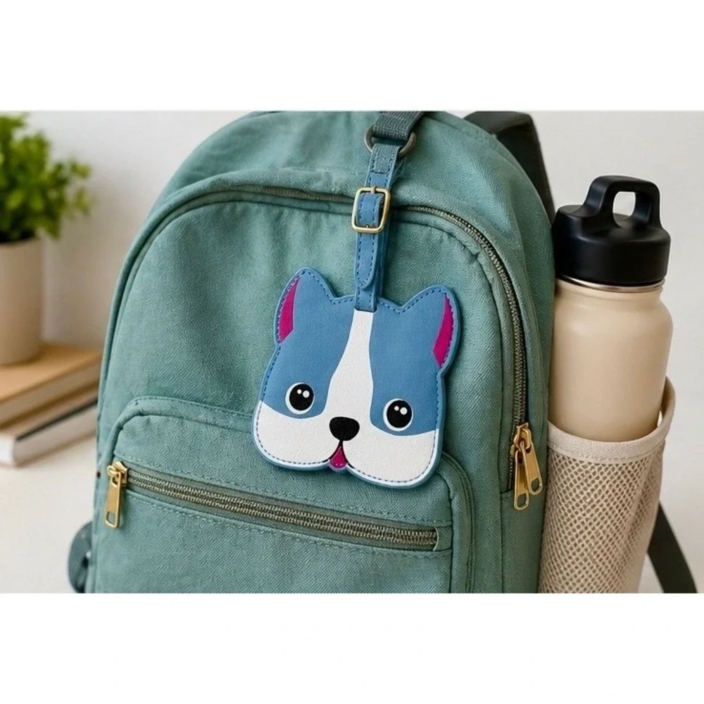 Blue French Bulldog Luggage Tag Faux Leather Puppy Dog Face Travel Bag ID Blue